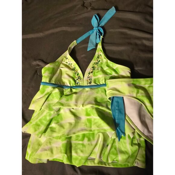 Justice 2 Piece Swimsuit Tankini Girls Plus size 14 Green Tie Dye - Picture 2 of 3